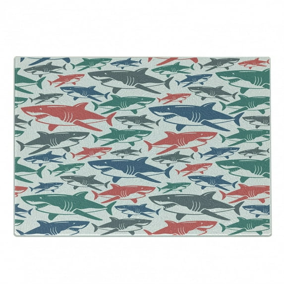 Shark Cutting Board, Colorful Underwater Fish Pattern Masters Survival Predators Dangerous Nature, Decorative Tempered Glass Cutting and Serving Board, Small Size, Multicolor, by Ambesonne