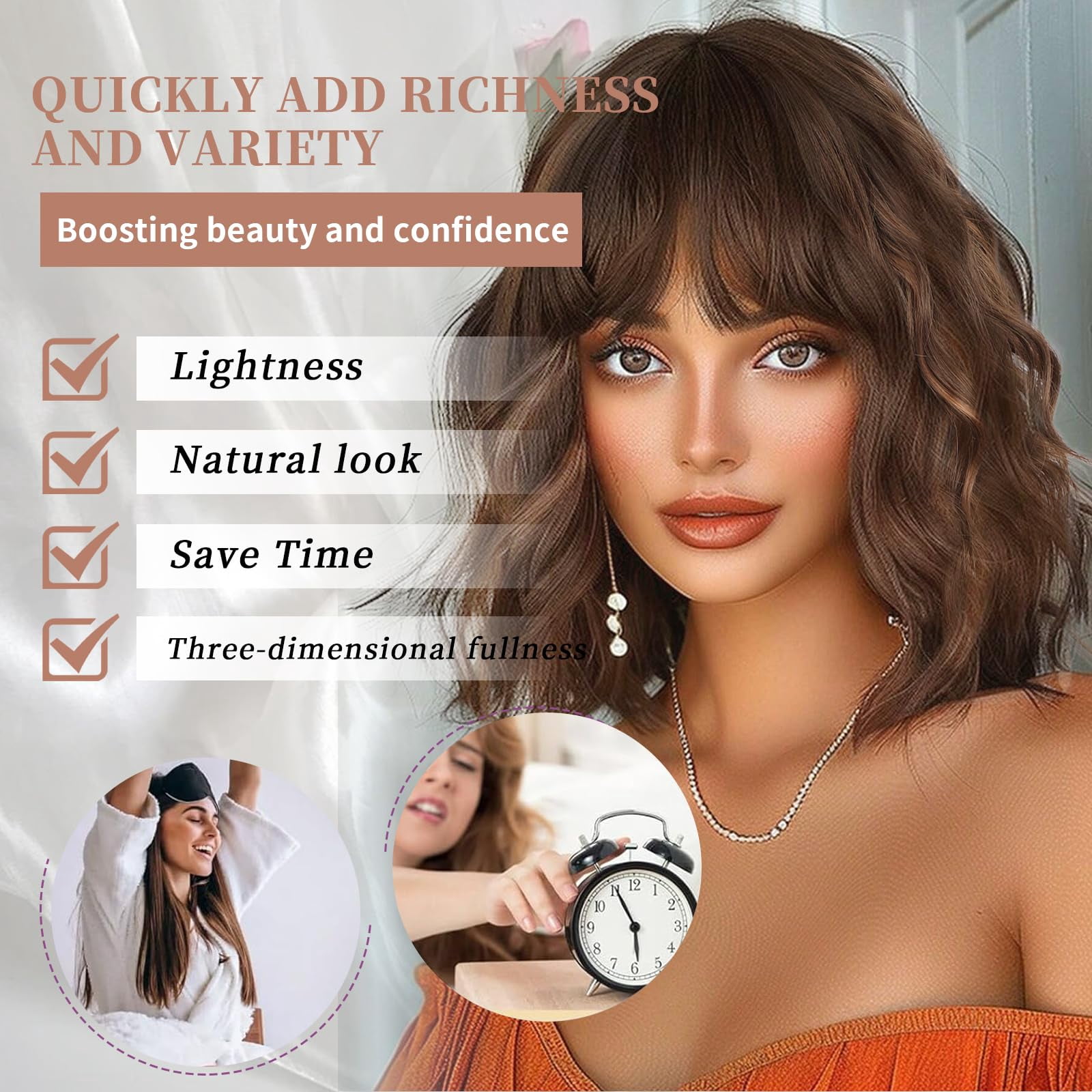 Wig with Bangs Short Bob Wigs for Women Shoulder Length Wavy Curly Wigs Synthetic Fiber Wigs 14 Inches for Daily Party Use