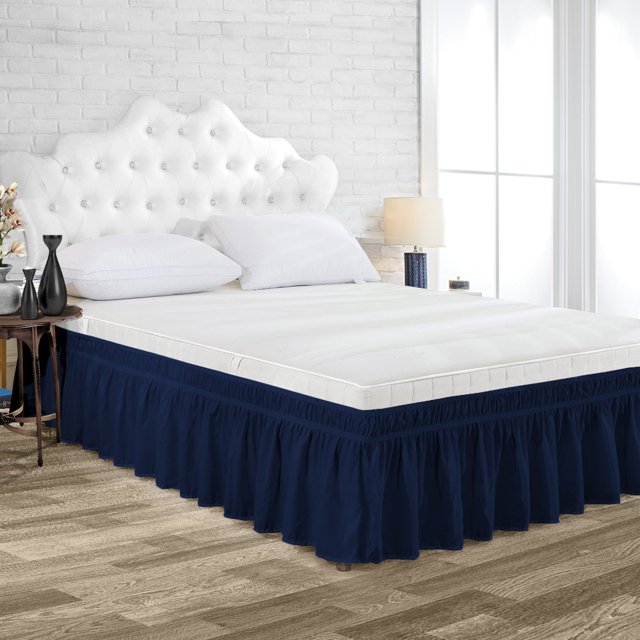 Dee's Collection Full Size Microfiber Wrap Around Solid Bed Skirt with Elastic Belt (9 Inch Drop, Navy Blue)