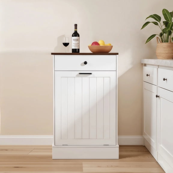 Tilt Out Trash Can Cabinet with Drawer, Hidden Wooden Design, 10 Gallon Free Standing Garbage Cabinet for Kitchen