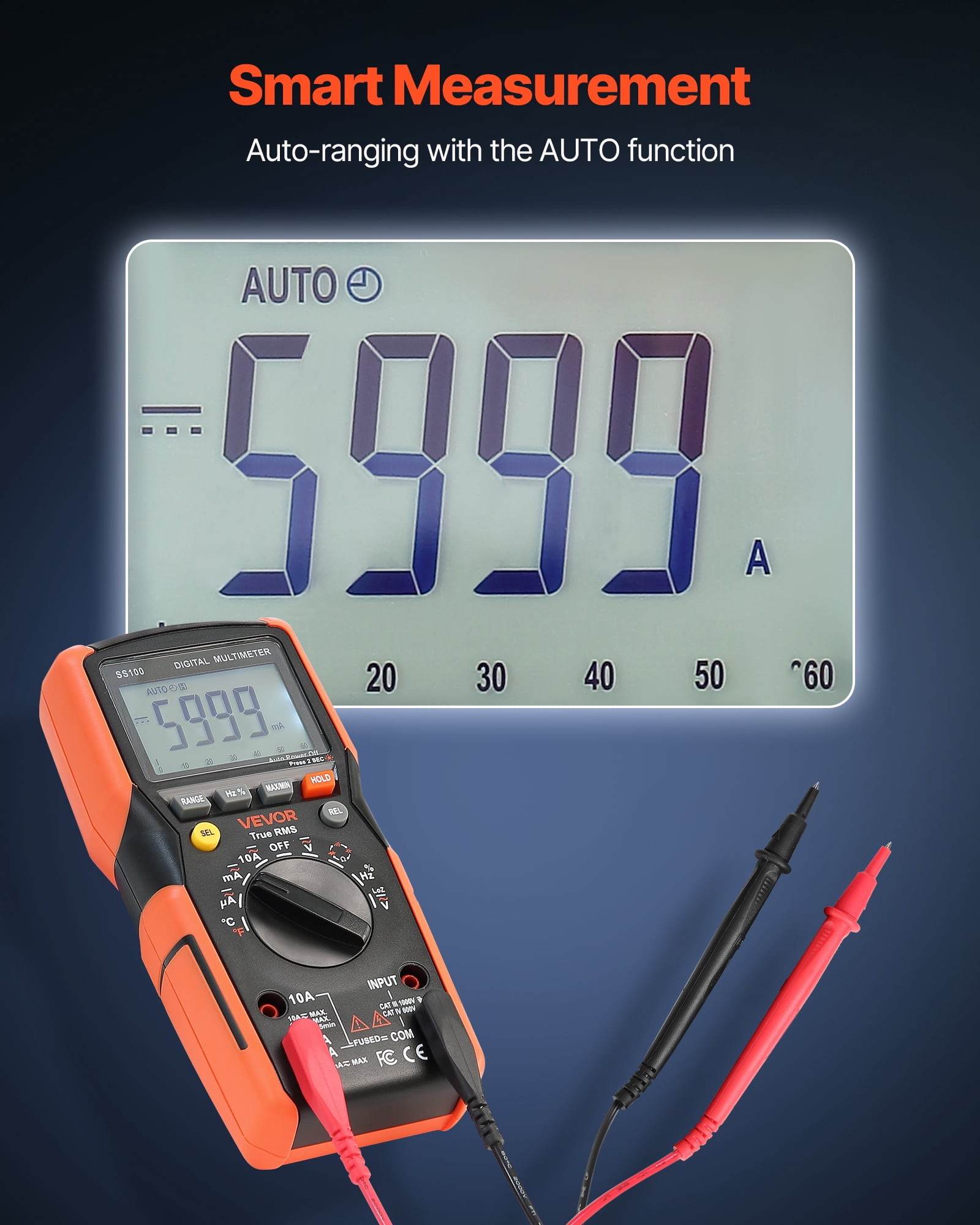 VEVOR Digital Multimeter, 6000-Count TRMS DC/AC Voltmeter Current Tester, Auto-Ranging Multimeter for Current Voltage Resistance Capacitance Temperature Diodes Continuity Low Impedance Measurment