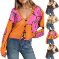 thumbnail image 4 of JUUNthy Womens Cardigan Sweater, Long Sleeve V Neck Floral Knit Casual Loose Cropped Sweater Outerwear Brown XL, 4 of 10