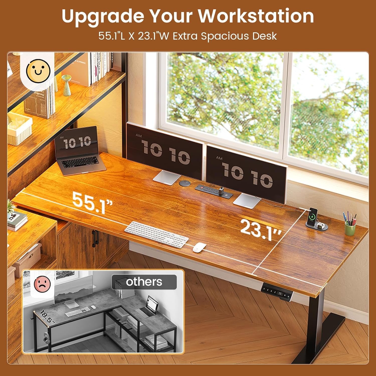 SEDETA L Shaped Standing Desk, Electric Adjustable Height Computer Desk with Drawer, Cabinet & Bookcase,  Stand Up Corner Desk with LED Lights & Power Outlets for Home Office, Rustic Brown