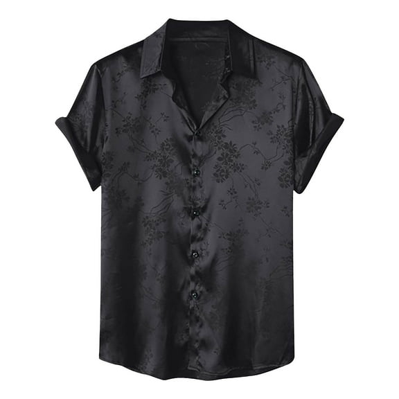 Mens Shirts Short Sleeve, Men's Satin Floral Print Button Down Front Lapel Collar Solid Short Sleeve Shirt