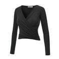 thumbnail image 2 of Made by Johnny Women's Deep V Neck Long Sleeve Cross Wrap Fitted Crop Top S BLACK, 2 of 6
