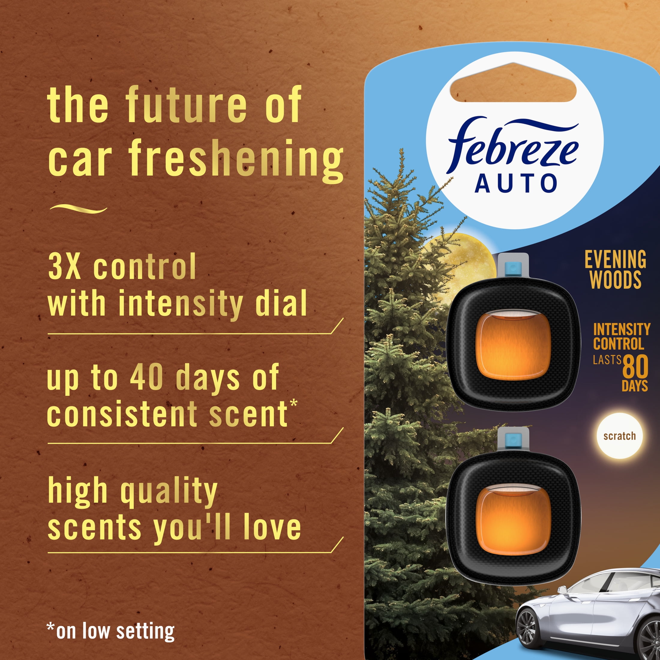 (2 pack) Febreze AUTO Car Air Freshener, Odor-Fighting Car Vent Clip, Evening Woods, 2 Count