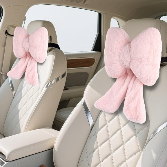 MORAVE 2 Pack Pink Bow Plush Car Headrest Neck Pillows, Travel Driving Office Chair Head Support Cushions, Cute Car Decor Accessories for Women