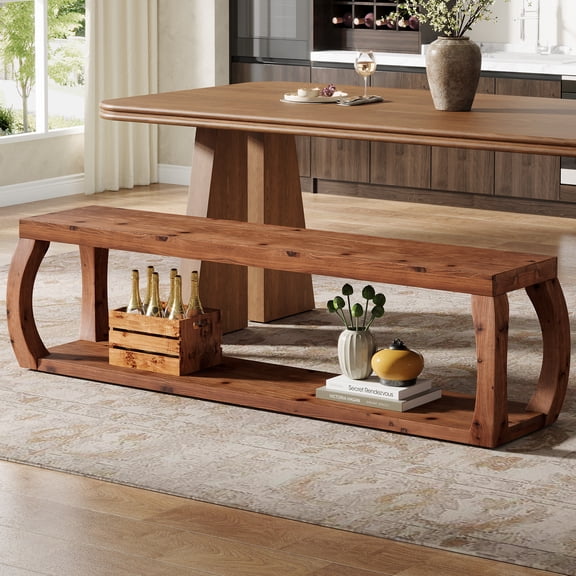 TRIBEWOOD 59" 2-Tier Solid Wood Dining Bench with Open Shelf