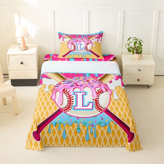 Erosebridal Ice Cream Baseball Print Twin Sheet Sets 3pcs For Kids,Boys Sport Theme Personalized Initial L Bedding