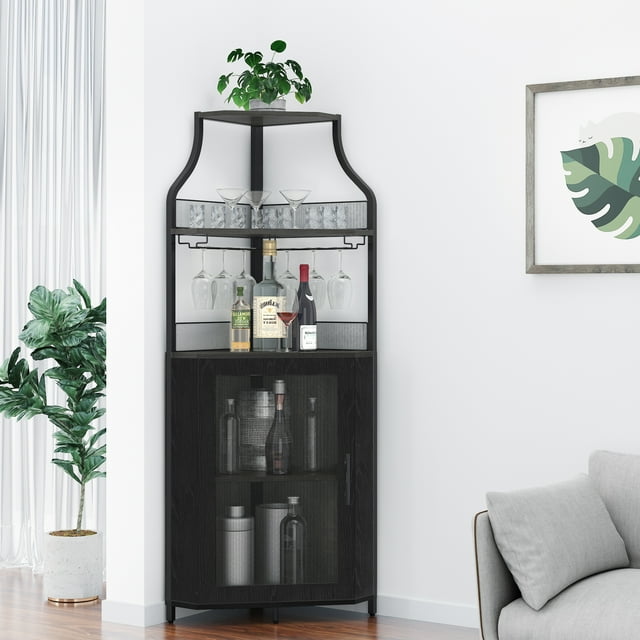 COZONY Armoire de Coin à 5 Niveaux Retro-Styled avec Casier à Vin, Porte-Verre et Tablettes de Rangement, 60,6 Po H