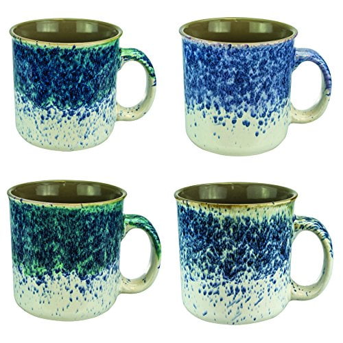 Speckled Hand Painted Ceramic Mugs, Set of 4, 18 Ounces, Blue and Green, Great Kitchen & Home Décor Gifts