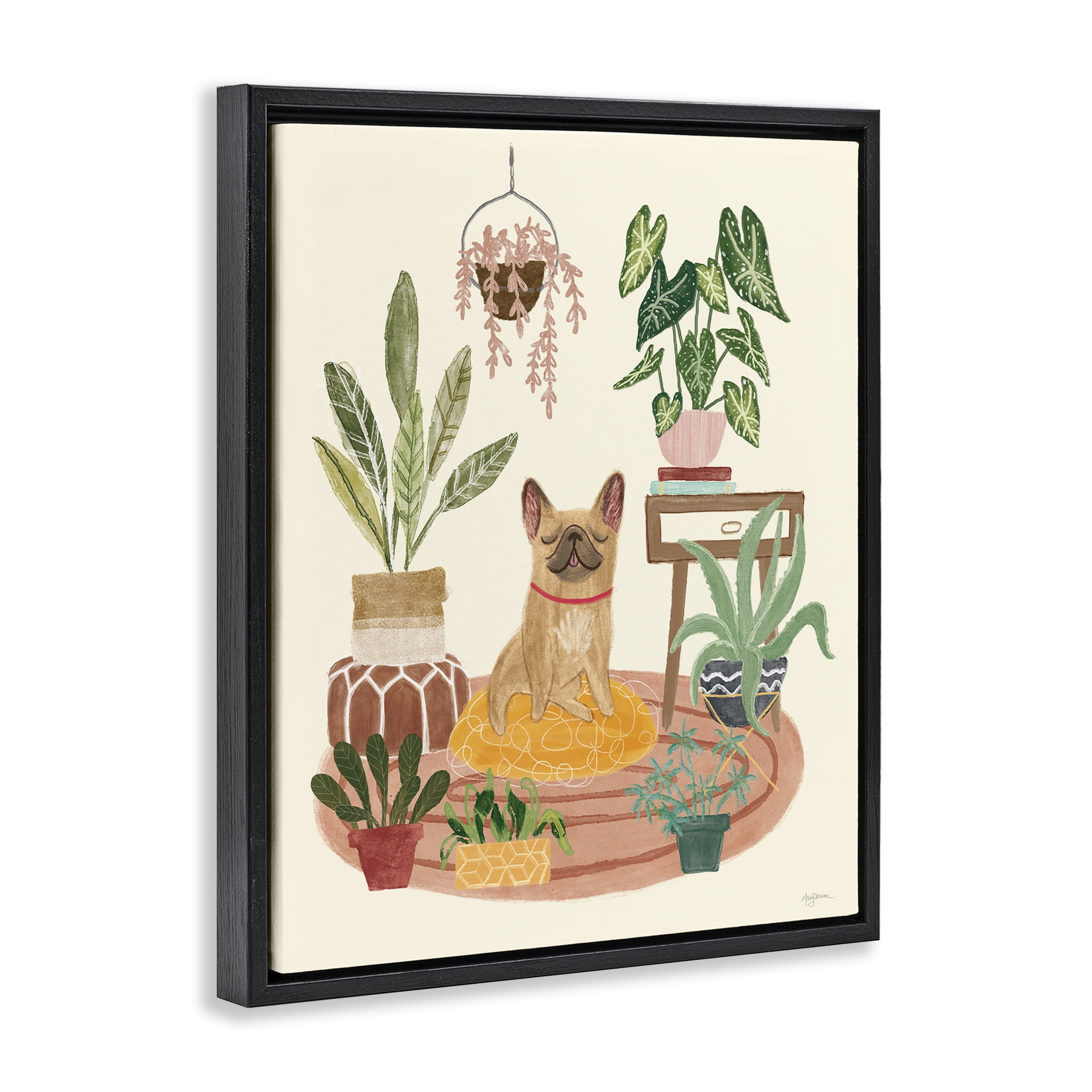 Stupell Industries Pug Dog with Plants Animals & Insects Painting Black Floater Framed Canvas Art Print Wall Art, 25 x 31