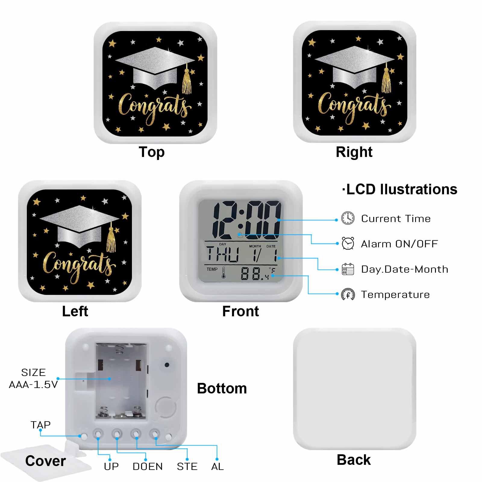Alarm Clocks Congrats Bachelor's Hat Digital Clock 7 Color LED Night Light Silent Non-Ticking Battery Operated Stars Graduate Season Cube Clocks for Bedroom Bedside Living Room Office School