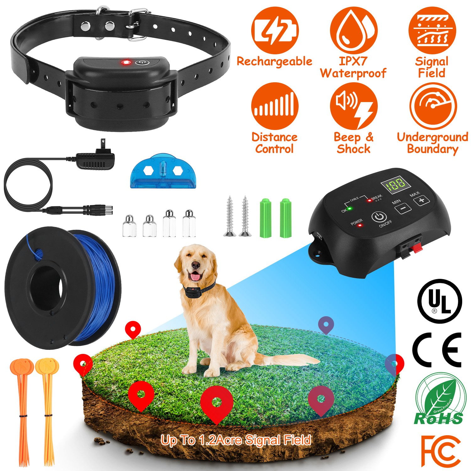 TeqHome Underground Dog Fence System with 100 Adjustable Levels IPX7 Waterproof Rechargeable 1 Receiver for All-Sizes Dog Covers up to 0.75 Acre