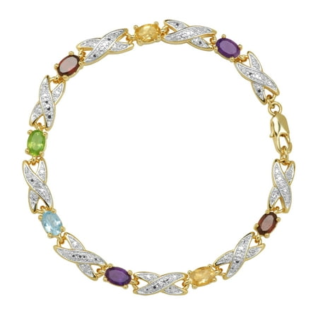18k Yellow Gold Over Fine Silver Plated Bronze Genuine Multi Gemstone with Diamond Accent Bracelet, 7.25