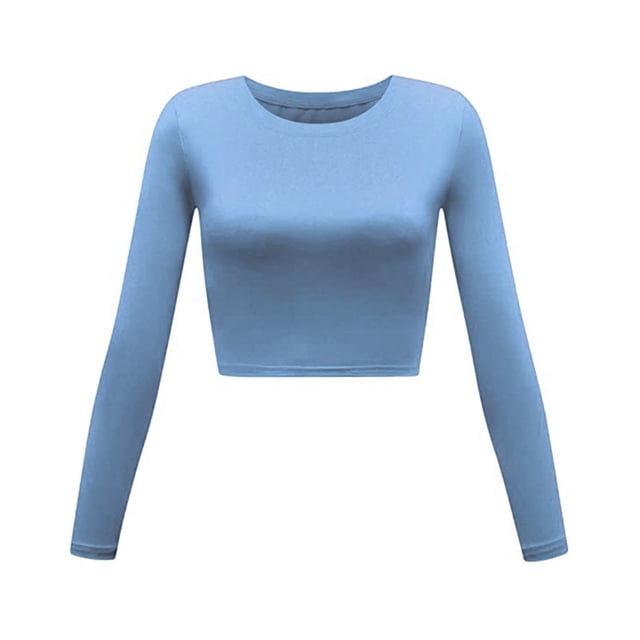WTXUE T-Shirts à Manches Longues, Col Rond pour Femmes, Sexy, Court, Slim, Basi C, Haut Rond, Blouse Unie Décontracté pour Femmes, Bleu TG