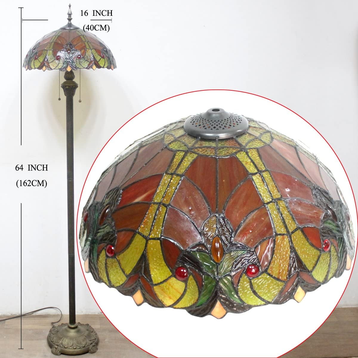 Tiffany Floor Lamp LED Art Bright Standing Reading Light 64" Tall Red Liaison Stained Glass Shade Boho Industrial Bronze Pole Vintage Base Kids Bedroom Living Room Corner Farmhouse Office