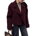 thumbnail image 3 of Womens Cropped Wool Coats Belted Double Breasted Pea Coat Short Jacket Notched Lapel Trench Coat with Pockets Wine Red L, 3 of 7