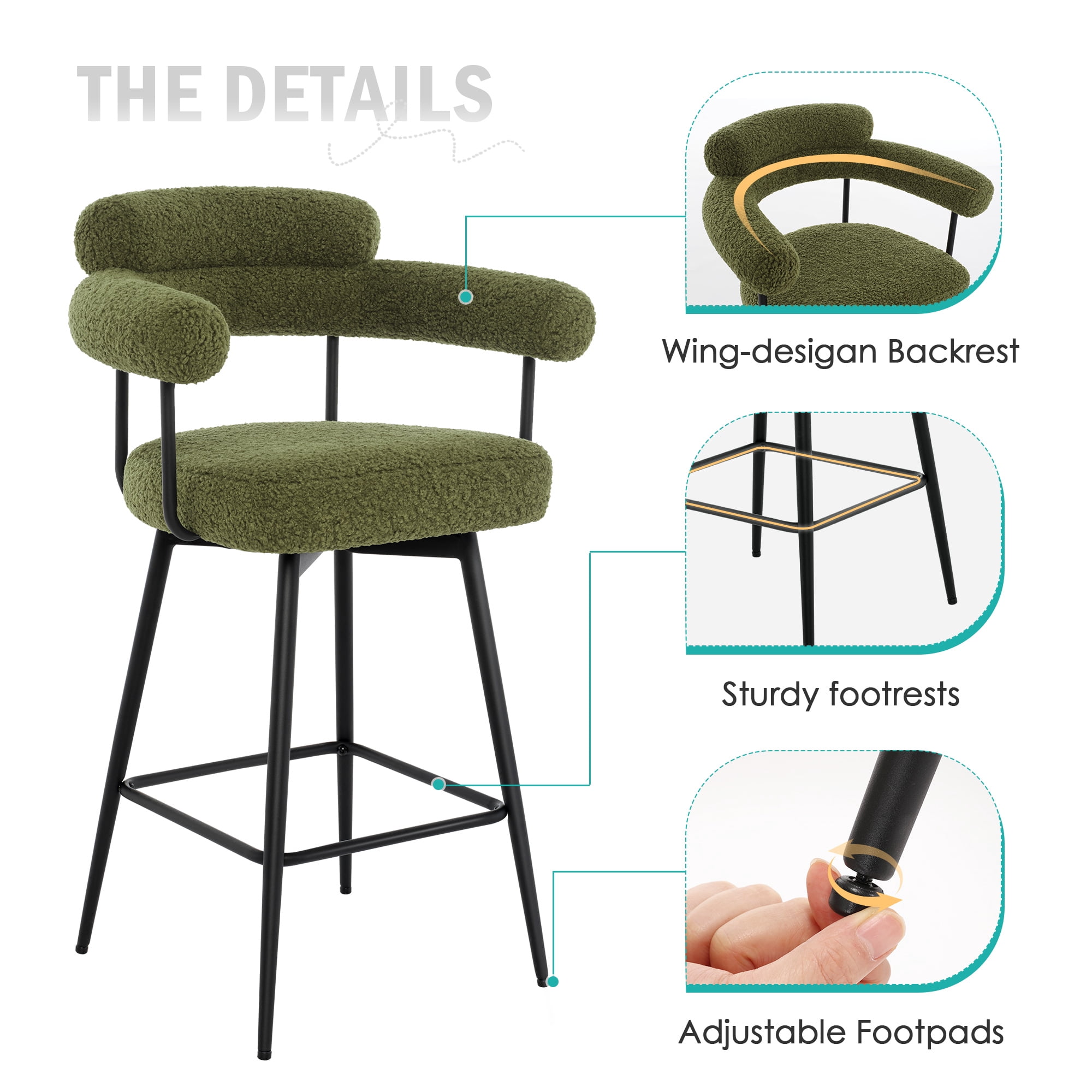 Zesthouse 26.7" Swivel Counter Stools Set of 2, Upholstered Sherpa Bar Stools with Back and Metal Legs, Modern Counter Height Chairs for Kitchen Island, Green
