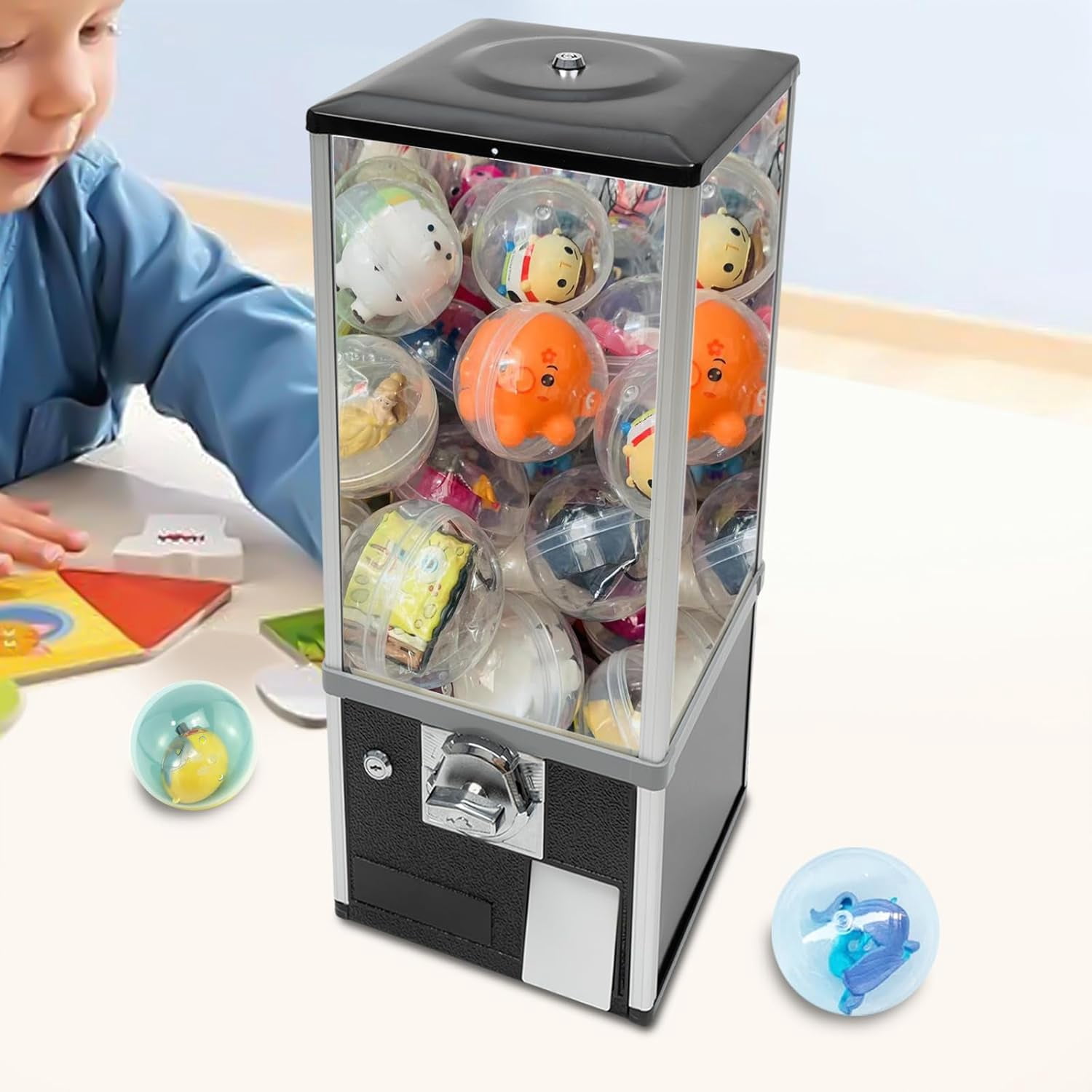 Vending Machine, 25 Cents Commercial Candy Gumball Machine, Huge Load Capacity Gumball Bank, Vending Machine for 700-800 Coins, Perfect for Game Stores and Retail Stores Modern Style (Black)