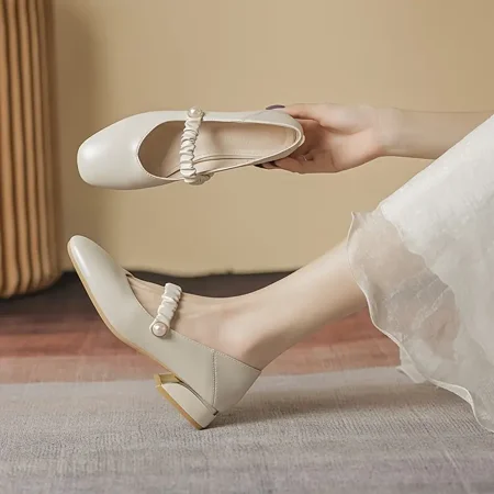 

Chunky Heel Faux Pearl Slip On Mary Jane Square Toe Non Slip Low Heels Women‘s Footwear