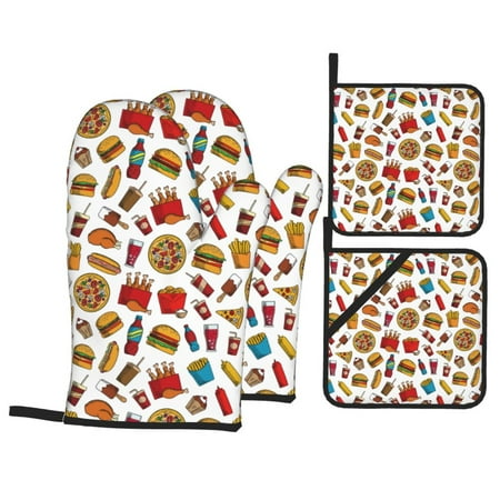 

Oven Mitts and Pot Holders 4 Piece hot dog Pizza High Heat Slip Resistant Oven Mitt and Trivets Set Kitchen Oven Glove Pot Holders for Cooking Baking Grilling