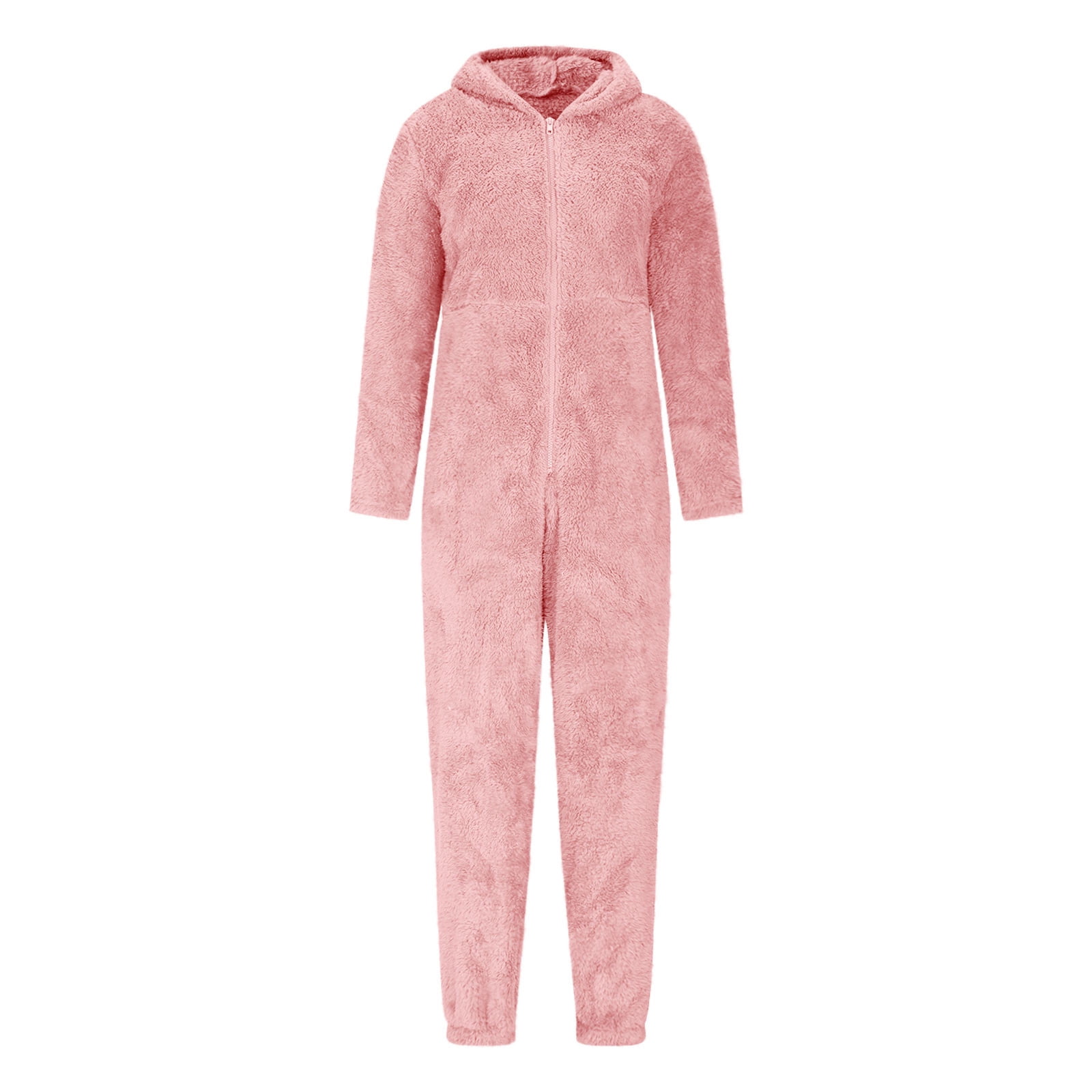 Uaswgudfs Womens Fleece Onesies Pajamas Jumpsuit Warm Romper Sleepwear One Piece Zipper Hooded Playsuit Loungewear Pink 2XL