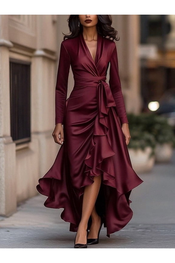 Women's Elegant Satin Wrap Maxi Dress V Neck Long Sleeve Ruffle Hem Cinched Waist Silky Formal Dress Ruched Detail Gown for Cocktail Holiday Prom Wedding Party Evening Events