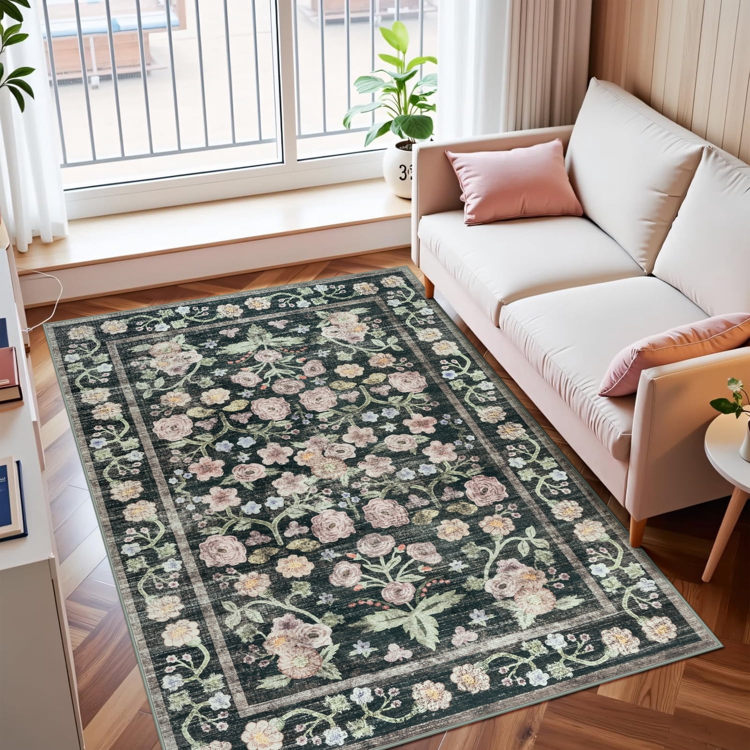 Ultrug Floral Area Rug Soft Non Slip Vintage Rugs for Living Room Bedroom Home Deocr Flower Carpet,6'x9',Black