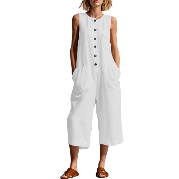 Guluxicc Women's Linen Capri Jumpsuit Crewneck Sleeveless Button down Loose Wide Leg Jumpsuits Summer Casual Beach Vacation Outfits