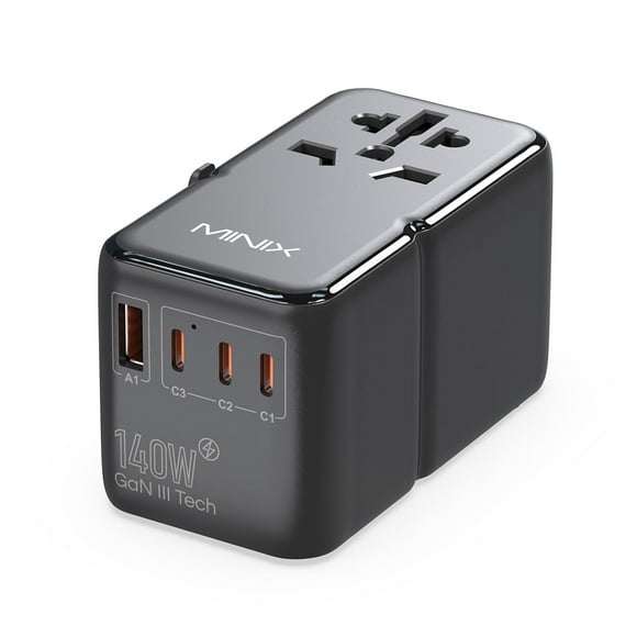 MINIX 140W Universal Travel Adapter, GaN III International Power Adapter, 3 USB-C 1 USB-A Ports, AC Outlet, Worldwide US/UK/EU/AU Travel Charger for Cameras Laptops Tablets Phones and More