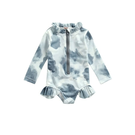 

Kid Baby Girls One Piece Swimsuit Long Sleeve Zipper Swimwear Ruffle Rashguard Bathing Suits Beachwear