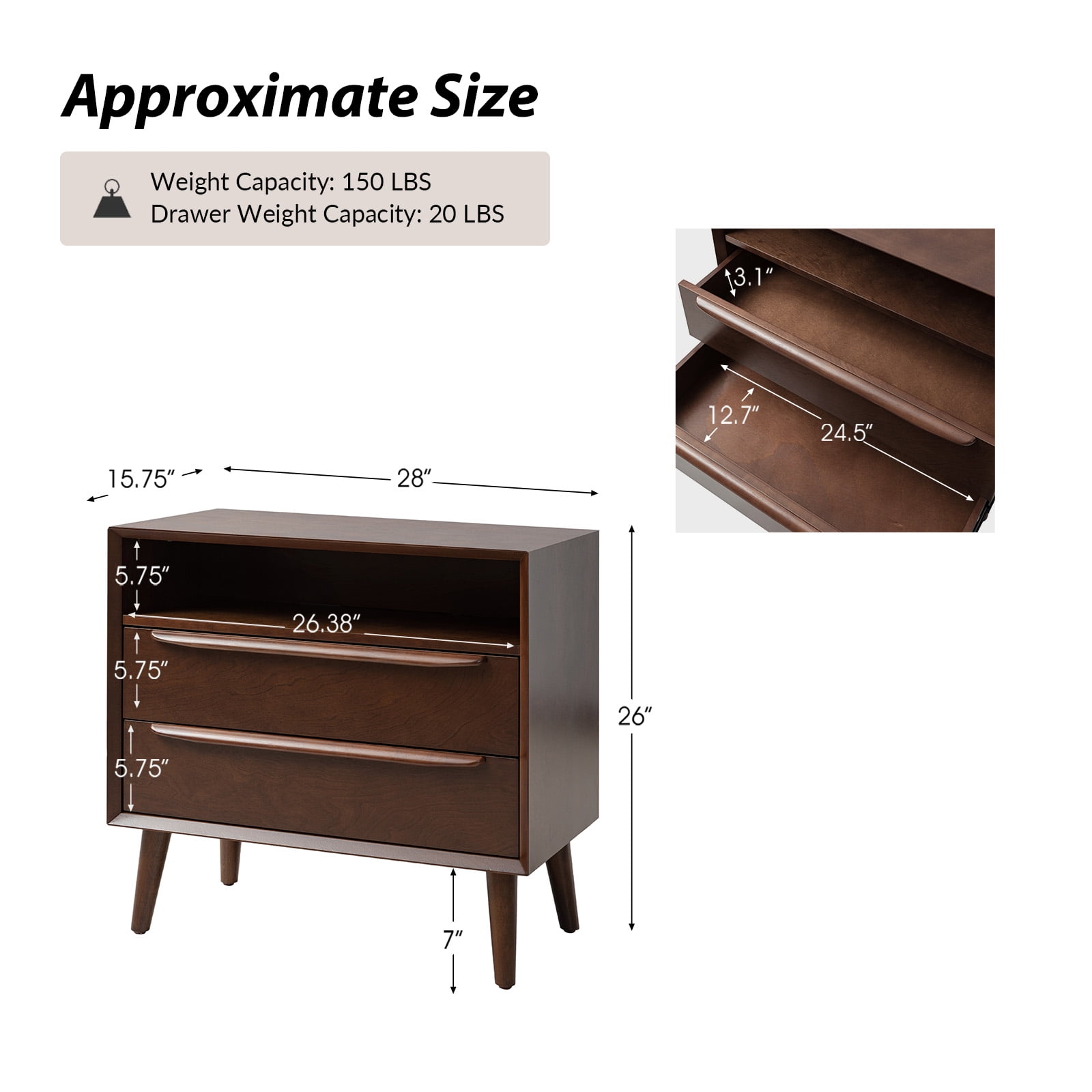 26" Tall 2-drawer End Table with Charging Station Table for Living Room Walnut