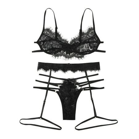 

BIZIZA Plus Size Babydoll Sexy Bra and Panty Sets for Women Lace Strappy Lingerie Set Teddy Lingerie with Garter Black XXXXL