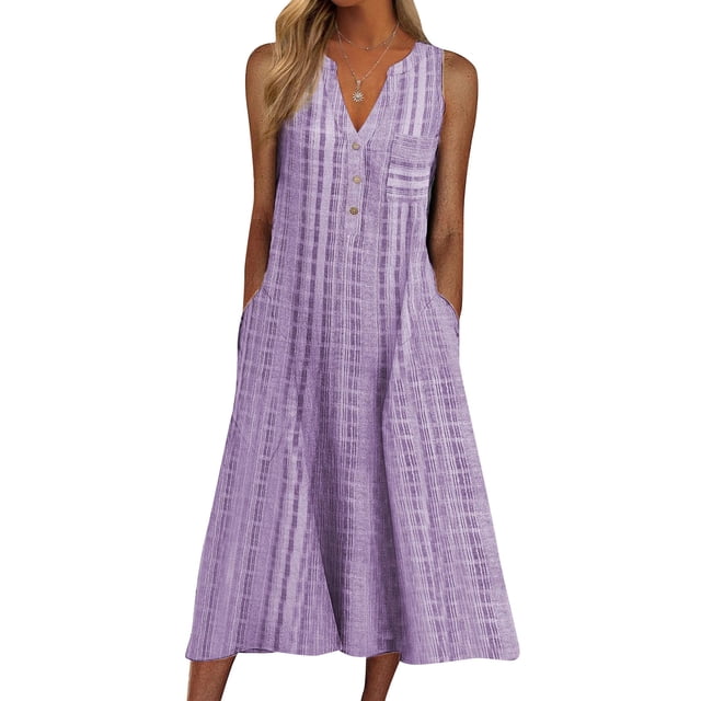 SAYOO Mujeres Juniors Plaid Vestidos casuales Verano con cuello en V Botón abajo Suelto Midi Vestido Vestidos de sol con bolsillos S-3XL SAYOO moda