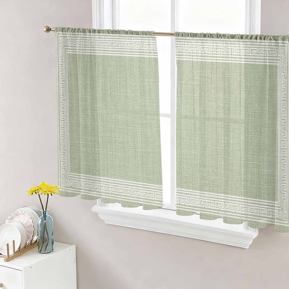 Sheer Curtains 54 Inch Length 2 Panels Set for Kitchen, Sage Green Retro Greek Key Semi Sheer Curtains for Windows, Geometric Greece Ancient Rustic Voile Window Treatments Rod Pocket Curtain
