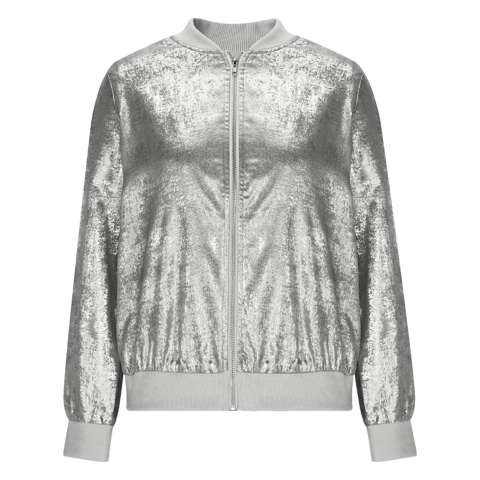 Women's Metallic Zipper Bomber Jacket Outwear Long Sleeve Lightweight Jacket Coats