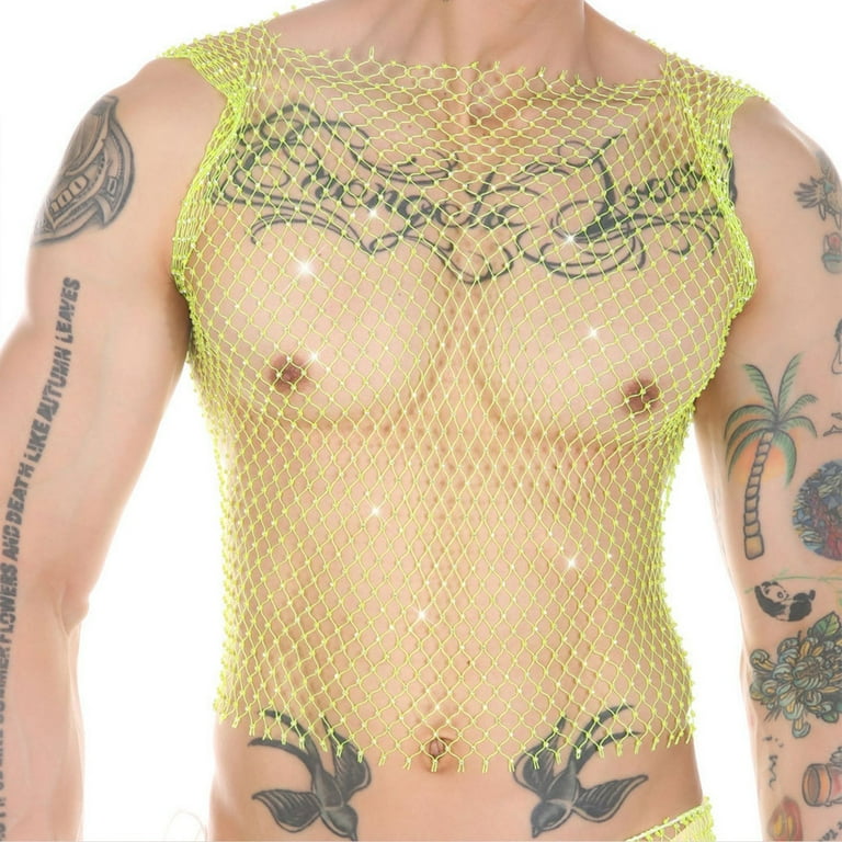 Siilsaa Rhinestone Mens Tank Tops Sheer Mesh See Through Fishnet Sparkly  Rave Outfit Festival Crop Men Shirt Sexy Club Party Green,S