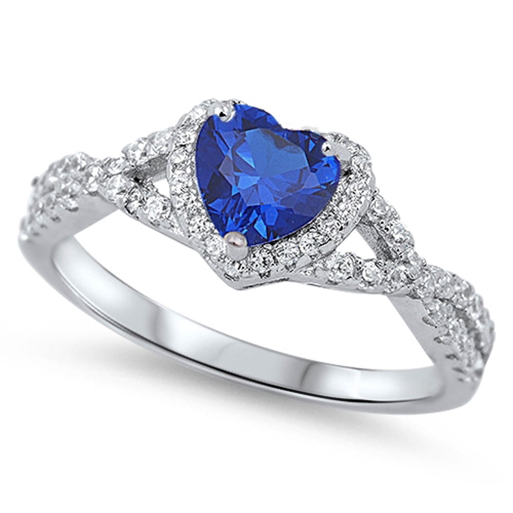 Men Women Sterling Silver Blue Heart CZ Solitaire Engagement Ring 8MM ( Size 4 to 12 )
