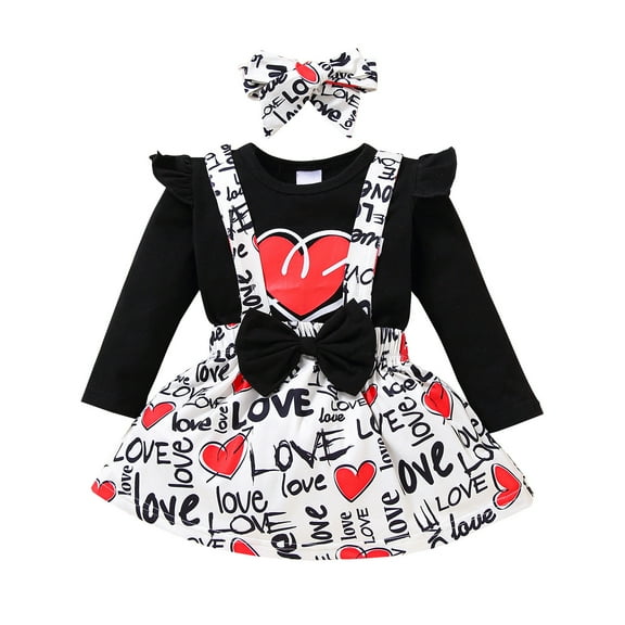 FRSASU Clearance Newborn Girl Long Sleeve Valentine Heart Tops Bowknot Suspender Skirt Set
