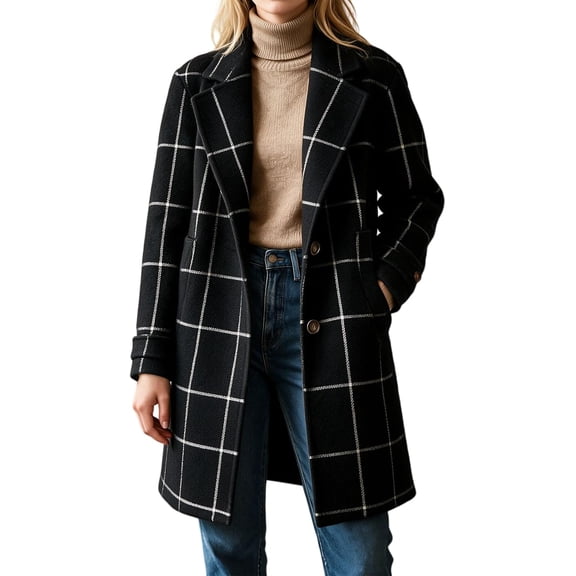 Women's Plaid Long Coat Lapel Button Down Warm Winter Overcoat ,Notch Lapel, Mid Length, Side Pockets, Wool Blend Outerwear, Single Breasted Long Trench Coat, Work Casual Fall Winter Outfit