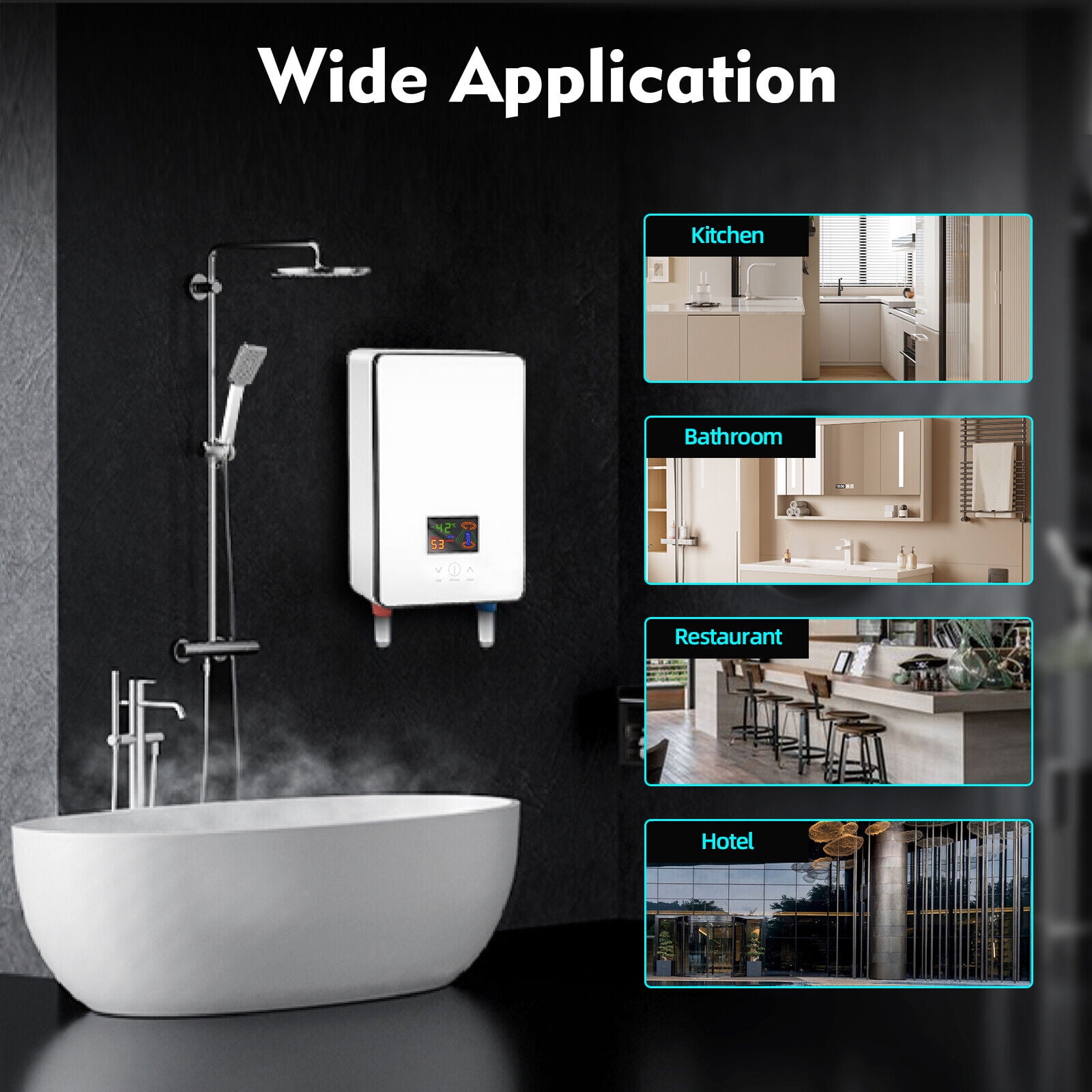 Instant Electric Tankless Hot Water Heater Bathroom Whole House Color Screen + Shower Three-Piece Set 4500W 110V White