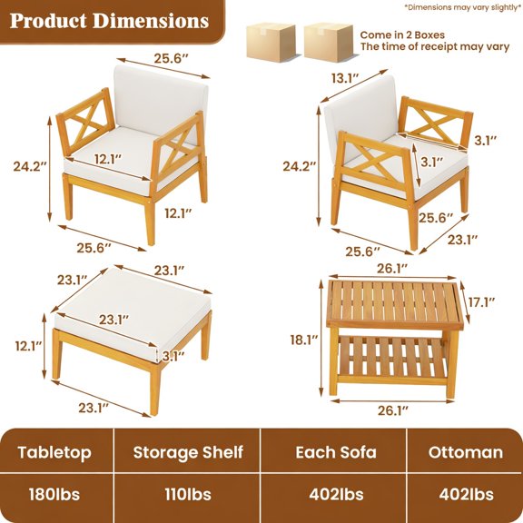 Resenkos Patio Furniture Sets,Outdoor & Patio Furniture Sets,5 Pieces Acacia Wood Patio Furniture Set with 2-Tier Coffee Table and Cushions-White