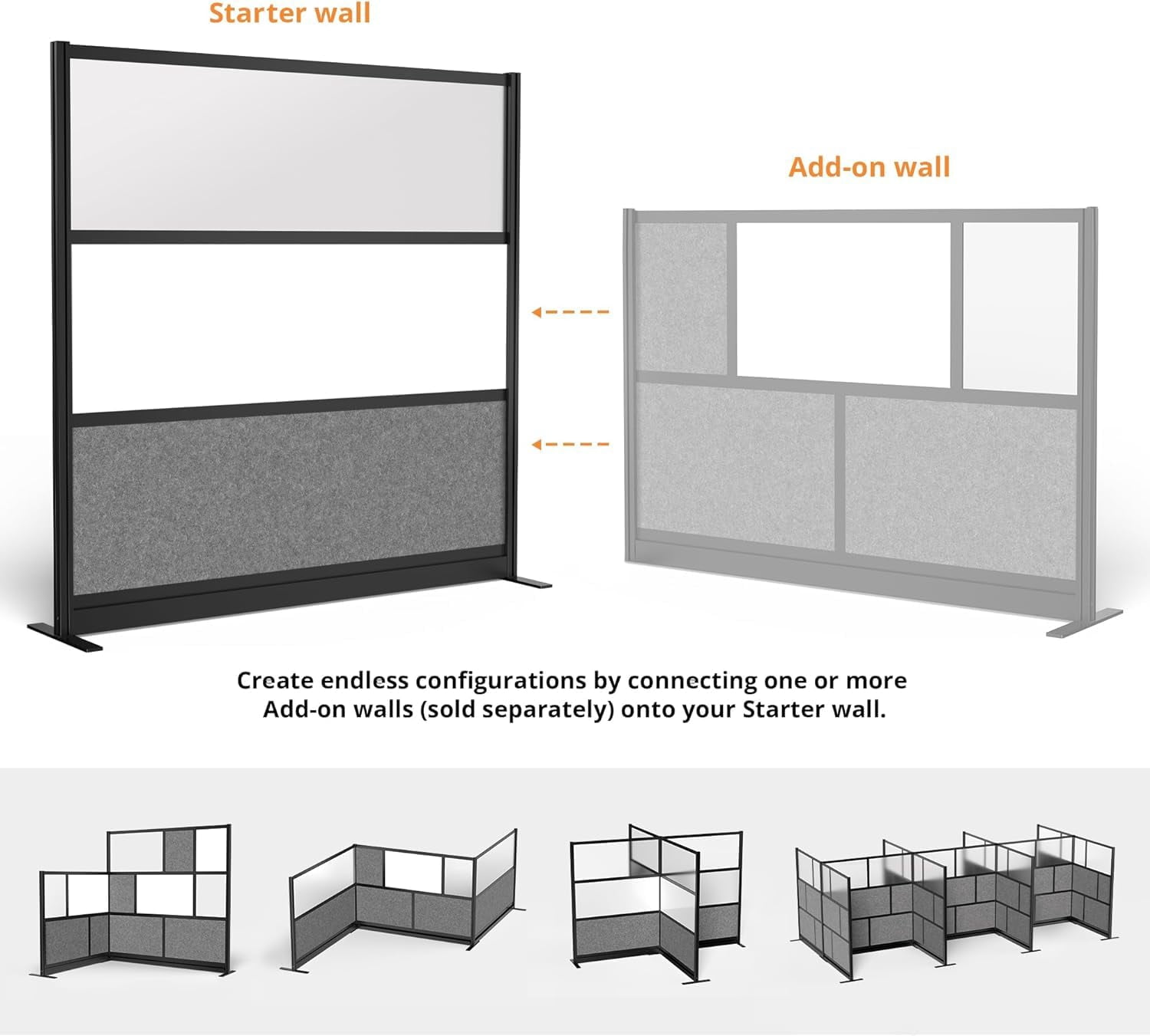 Stand Up Desk Store Workflow Modular Wall | 70'' x 70'' Wall | Expandable Partition Room Divider with Rearrangeable Frosted Acrylic, Sound Absorbent and Whiteboard Wide Panels (Black Frame)