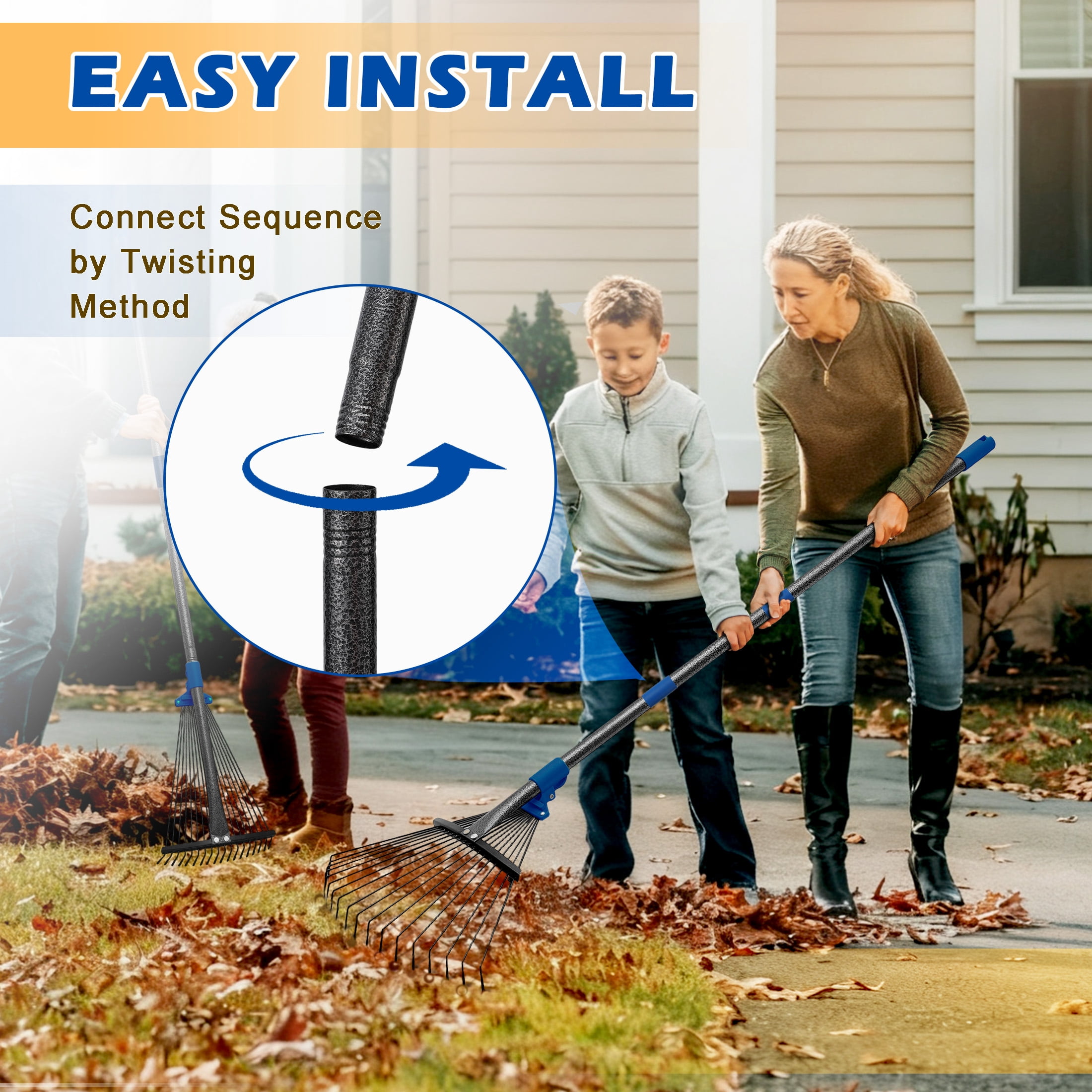 FENHRTVM Rake for Leaves,18 Teeth Adjustable Mental Garden Rake 75in Black Leaf Rakes for Lawns