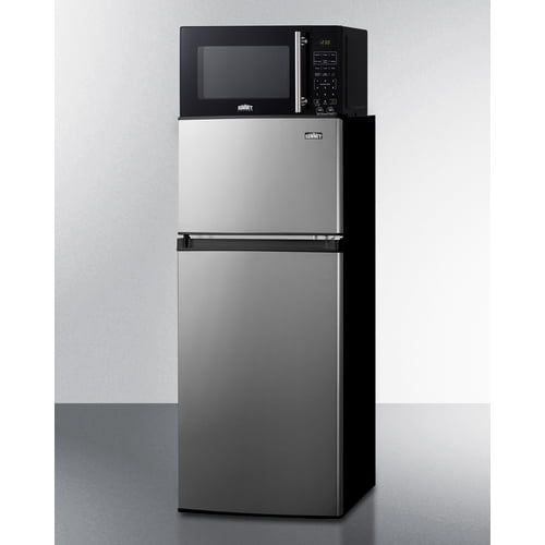 Mid-sized refrigerator-freezer in a stainless steel steel look and black microwave with built-in allocator, with brackets included (ships in 3 boxes on one pallet)
