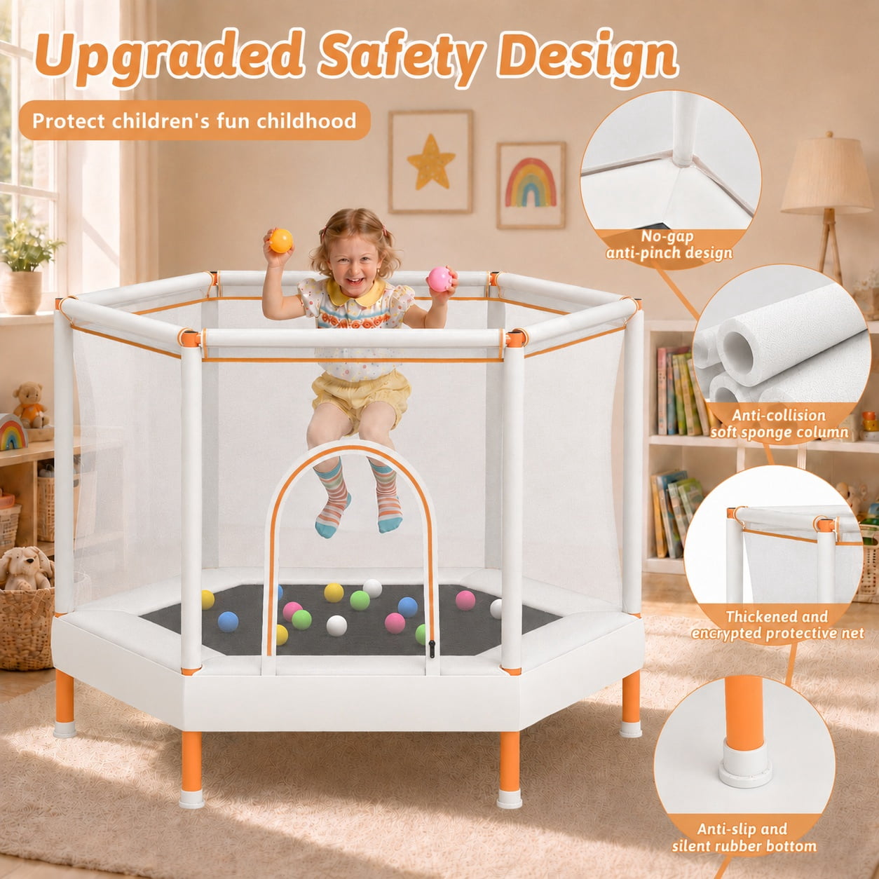 55" Toddler Trampoline with Enclosure Net & Ocean Balls, SHINPT Kids Trampoline for Toddlers Ages 3+, Indoor Trampoline with No Gap Design, Small Trampoline for Kids Room, Living Room, Ideal Gift