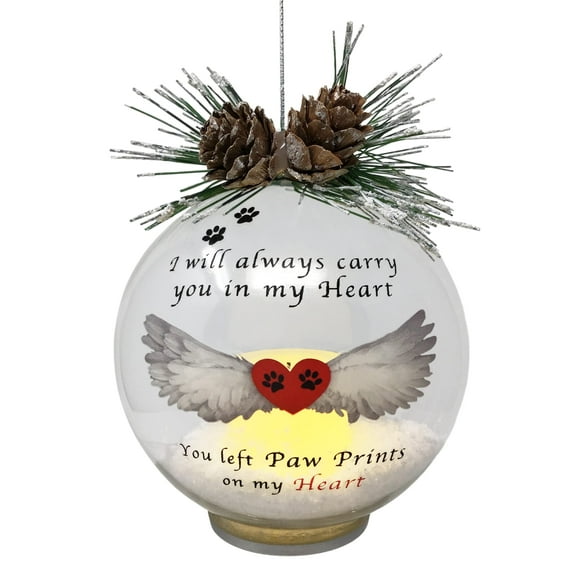 Paw Prints on My Heart LED Christmas Ball Ornament - Pet Memorial Gift for Loss of a Furry Friend - Touching Memorial Gift - 4" Diameter - 4-hour Timer - 1986