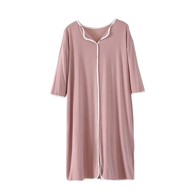 Pyjama en Soie pour Femmes, Chemise de Nuit Col en V, Manches Courtes, Robe de Nuit Unie Douce, Pyjama Mi-Mollet, Robe de Détente TG