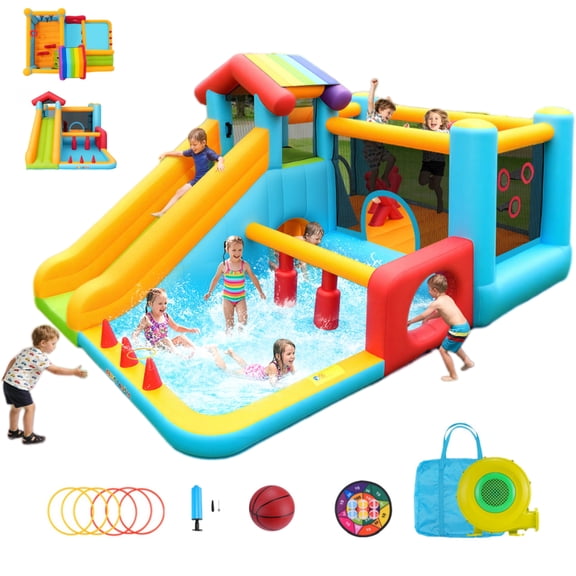 Adnoom Inflatable Bounce House for Big Kids, Obstacle Bouncy House with Long Slide, Large Ball Pit, Indoor Outdoor Jumping Castle with 450W Blower for Toddlers Kids 3-12